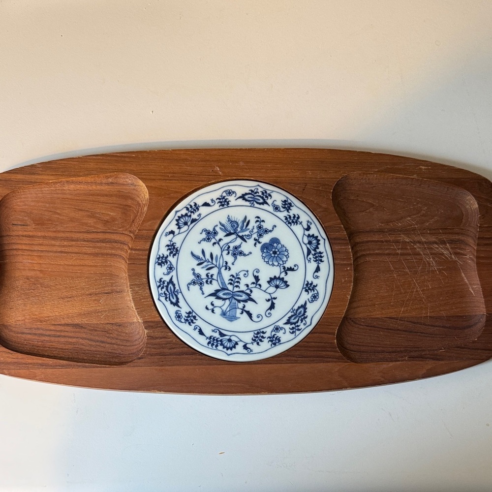 Vintage Wooden Cheese Serving Tray with Blue and White Ceramic Plate